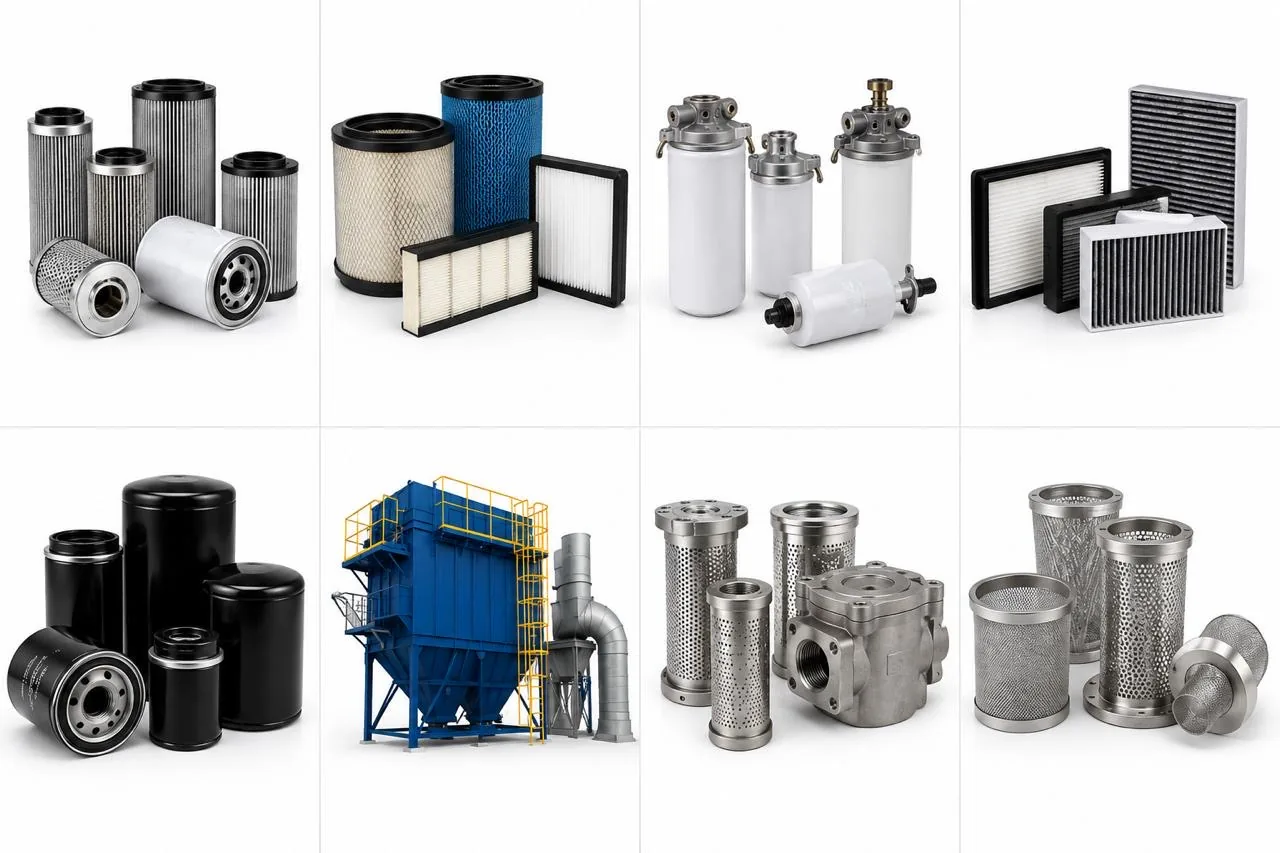 Filtration products including hydraulic elements, air filters, fuel filters, cab filters and mesh strainers